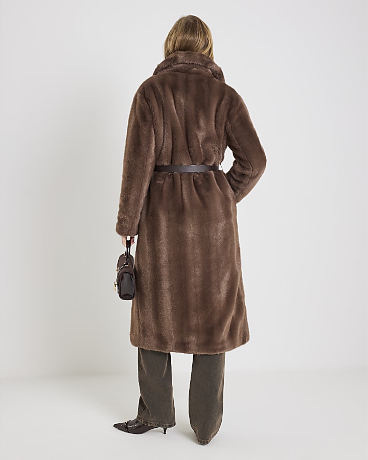 Brown Faux Fur Longline Belted Coat