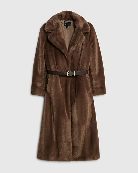 Brown Faux Fur Longline Belted Coat