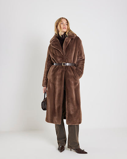 Brown Faux Fur Longline Belted Coat