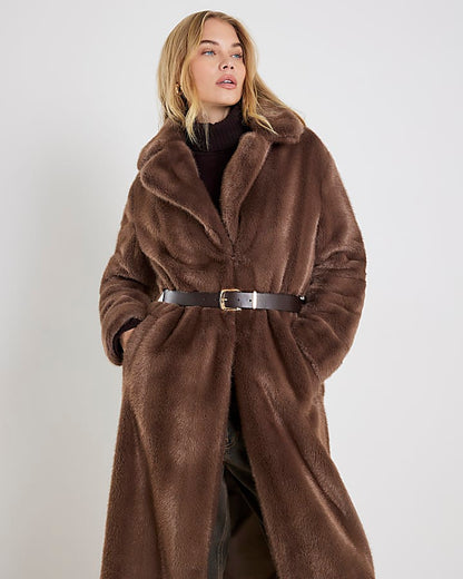 Brown Faux Fur Longline Belted Coat