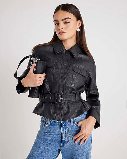 Black Belted Faux Leather Shirt