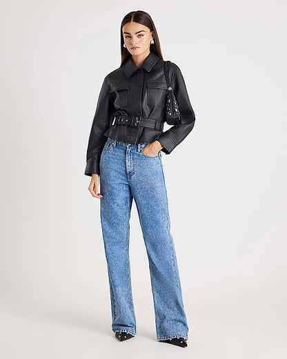 Black Belted Faux Leather Shirt