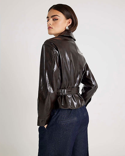 Red High Shine Belted Faux leather Shirt