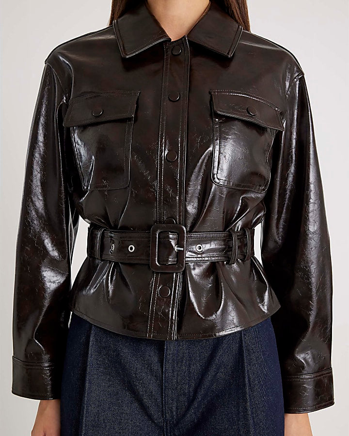 Red High Shine Belted Faux leather Shirt