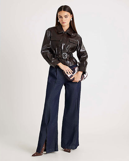 Red High Shine Belted Faux leather Shirt