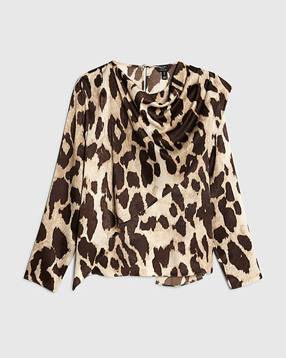 Brown Leopard Print Cowl Neck Drape Blouse