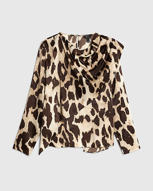 Brown Leopard Print Cowl Neck Drape Blouse