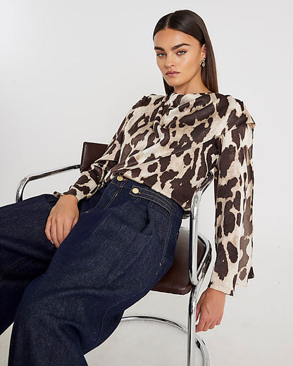 Brown Leopard Print Cowl Neck Drape Blouse