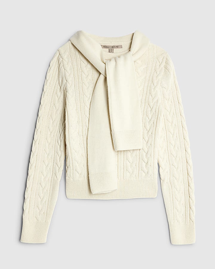 Cream Cable Knit Tie Neck Jumper | River Island