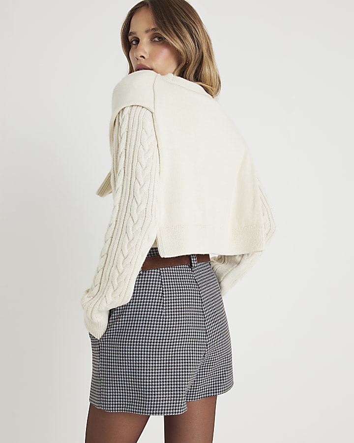 Cream Cable Knit Tie Neck Jumper | River Island
