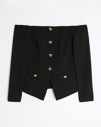 Black Long Sleeve Bardot Button Top