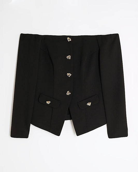 Black Long Sleeve Bardot Button Top