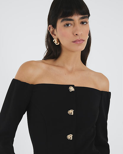 Black Long Sleeve Bardot Button Top