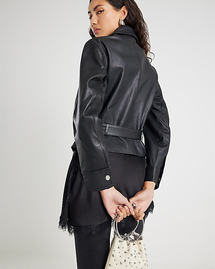 Black Leather Belted Long Sleeve Shirt
