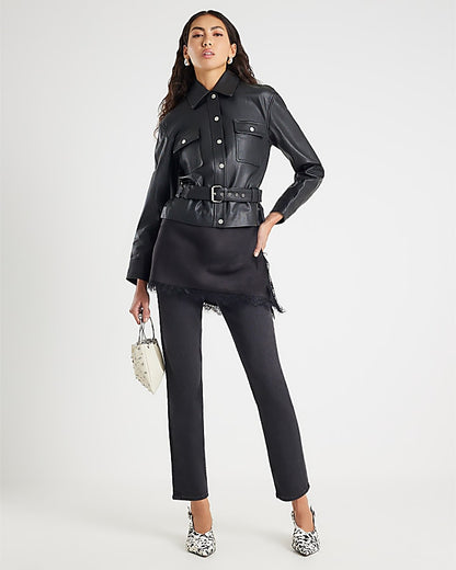 Black Leather Belted Long Sleeve Shirt