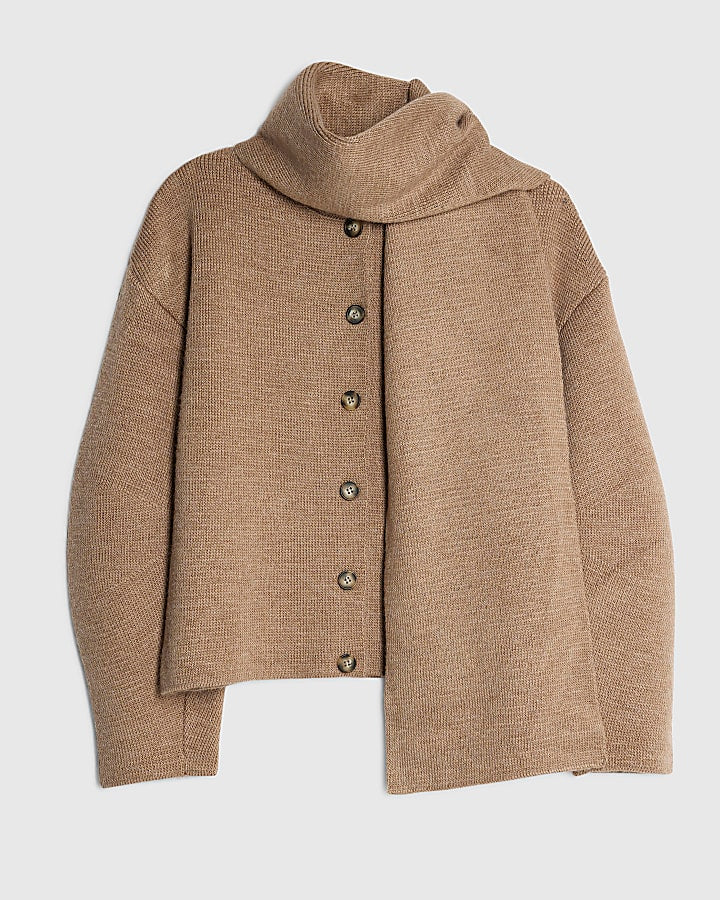 Beige Wrap Scarf Knitted Cardigan