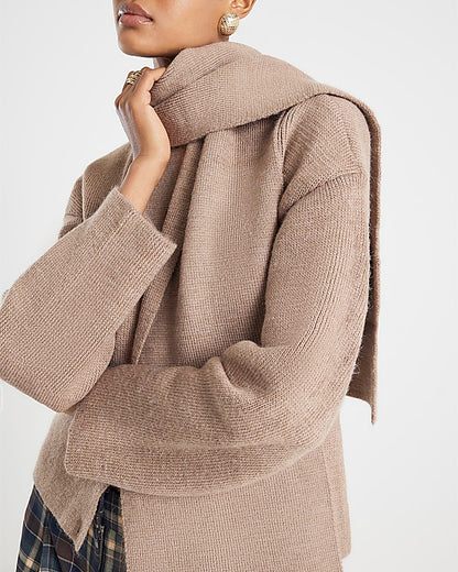 Beige Wrap Scarf Knitted Cardigan