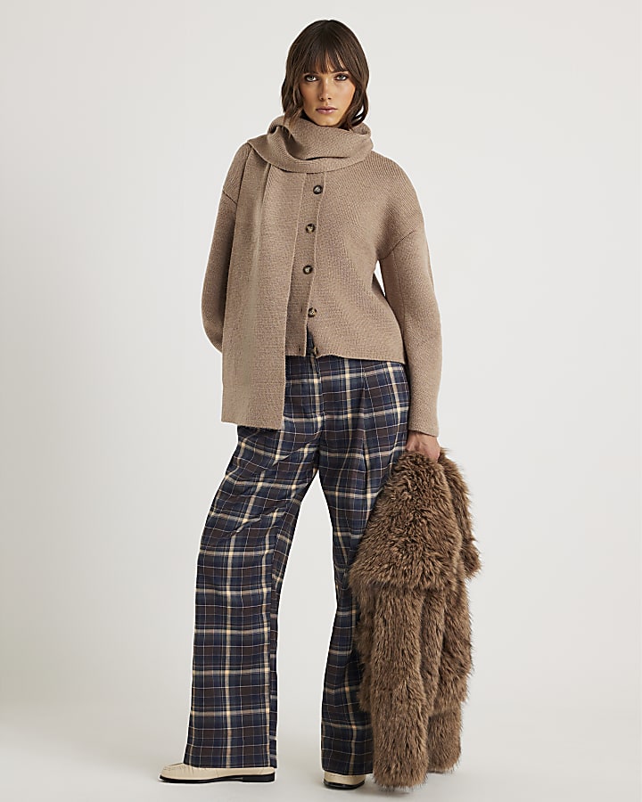 Beige Wrap Scarf Knitted Cardigan