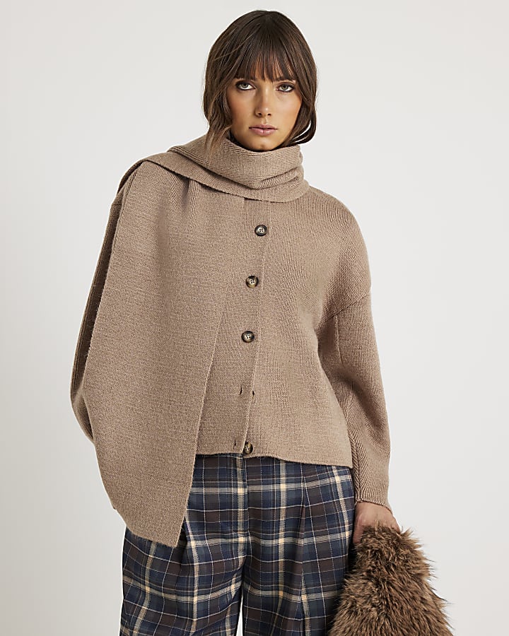 Beige Wrap Scarf Knitted Cardigan