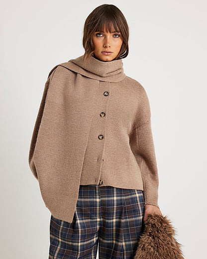 Beige Wrap Scarf Knitted Cardigan