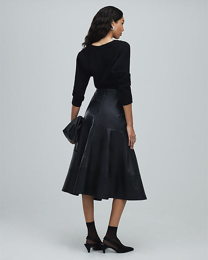 Black Leather A Line Midi Skirt