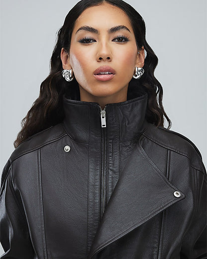 Brown Funnel Neck Leather Bomber Jacket | River Island
