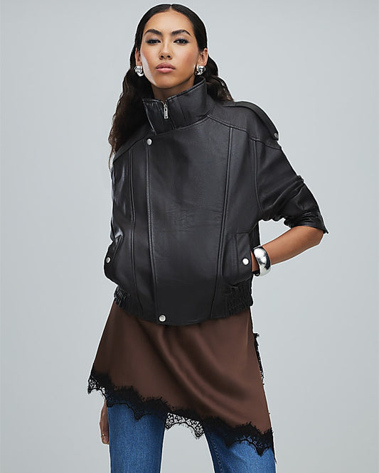 Brown Funnel Neck Leather Bomber Jacket | River Island