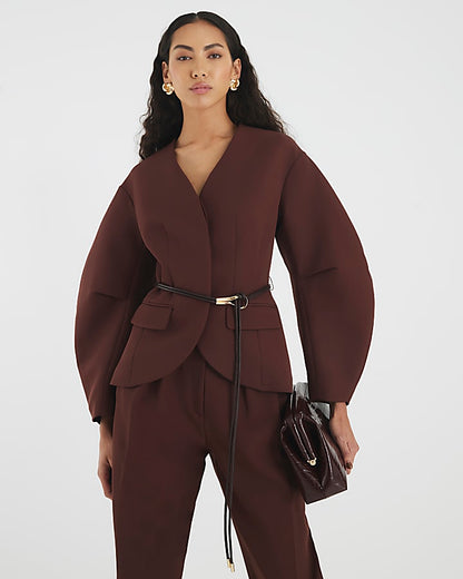 Brown Cocoon Sleeve Belted Blazer