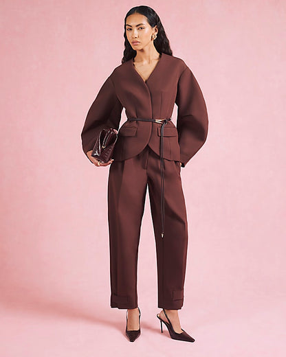 Brown Cocoon Sleeve Belted Blazer