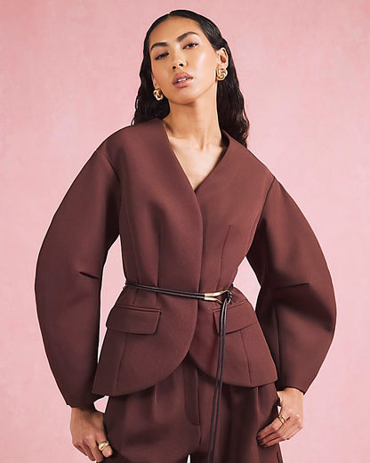Brown Cocoon Sleeve Belted Blazer