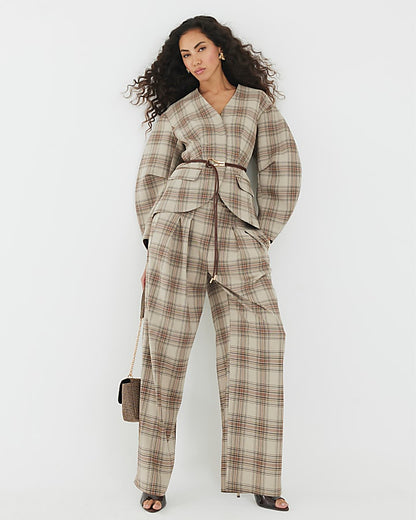 Brown Check Print Cocoon Sleeve Belted Blazer