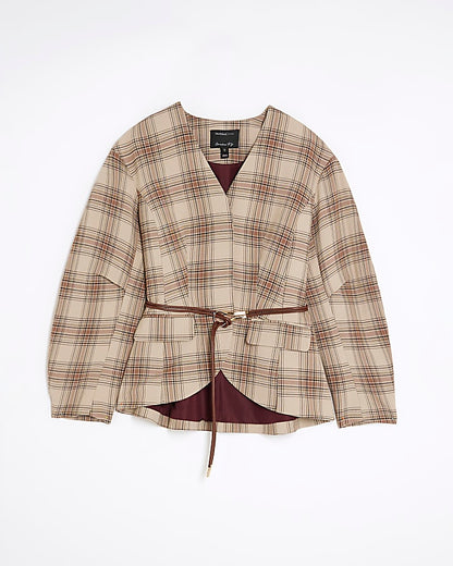 Brown Check Print Cocoon Sleeve Belted Blazer