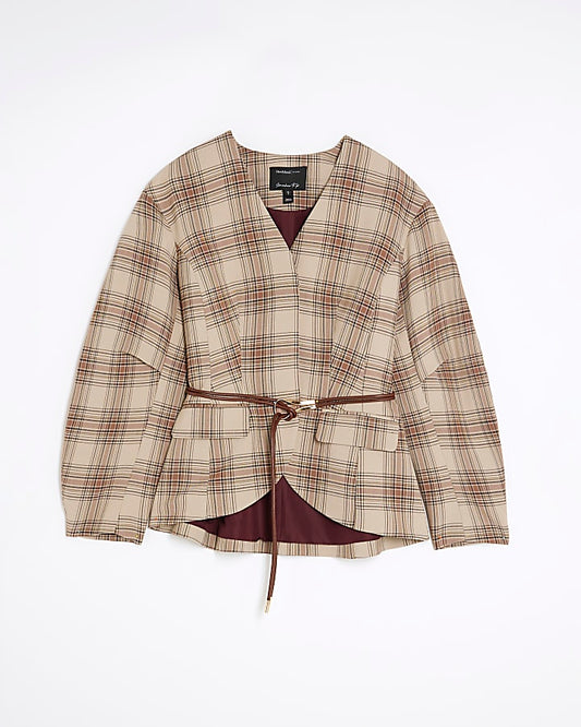 Brown Check Print Cocoon Sleeve Belted Blazer