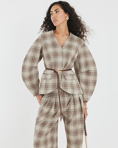 Brown Check Print Cocoon Sleeve Belted Blazer