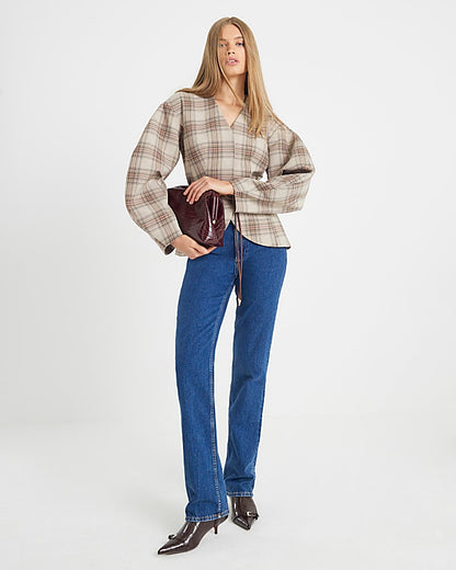 Brown Check Print Cocoon Sleeve Belted Blazer