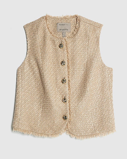 Beige Boucle Fringed High Neck Waistcoat