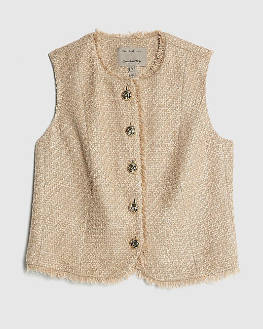 Beige Boucle Fringed High Neck Waistcoat