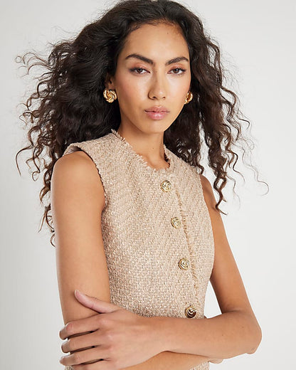 Beige Boucle Fringed High Neck Waistcoat