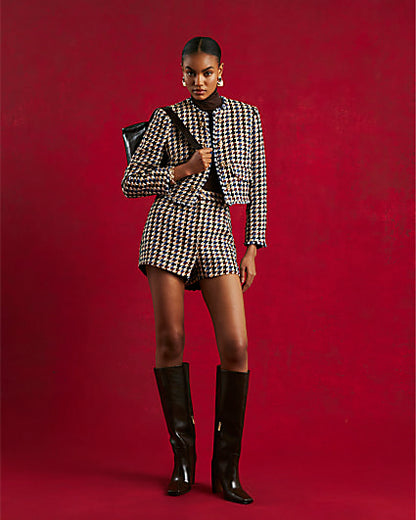 Brown Boucle Check Tailored Shorts