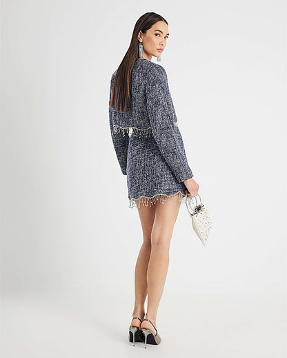 Blue Boucle Scallop Trim Diamante Mini Skirt