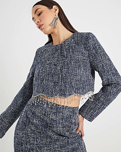 Blue Boucle Scallop Trim Diamante Mini Skirt
