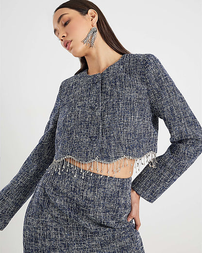 Blue Boucle Cropped Scallop Trim Jacket | River Island