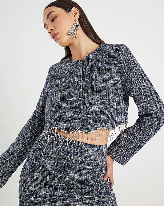 Blue Boucle Cropped Scallop Trim Jacket | River Island