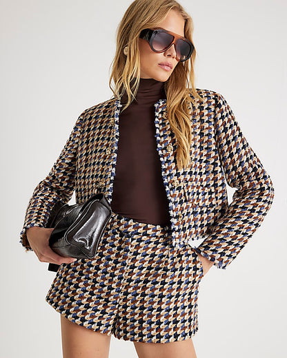 Brown Boucle Check Tailored Shorts