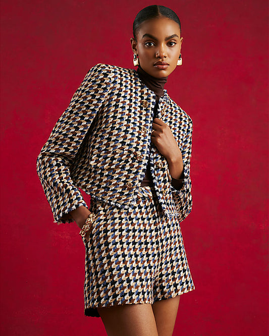 Brown Boucle Check Tailored Shorts