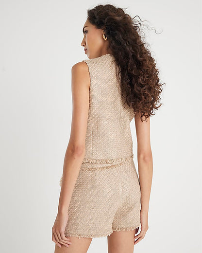 Beige Boucle Fringed Shorts