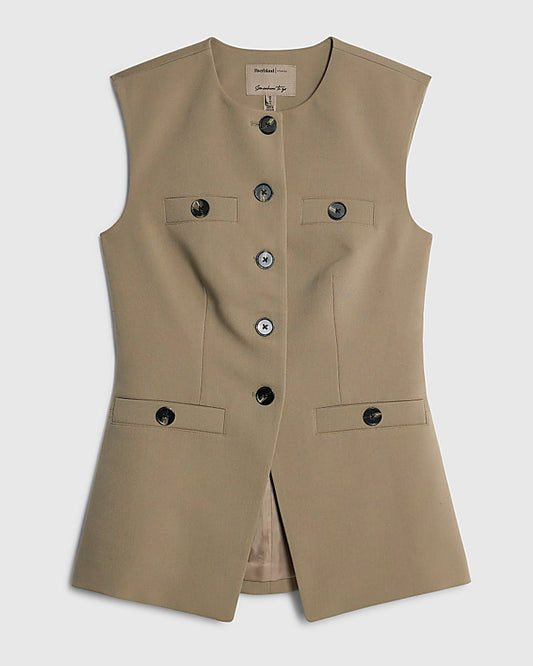 Beige High Neck Button Detail Waistcoat
