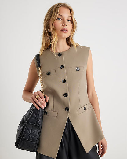 Beige High Neck Button Detail Waistcoat