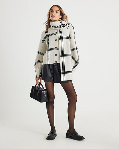 Grey Knitted Check Print Wrap Scarf Cardigan