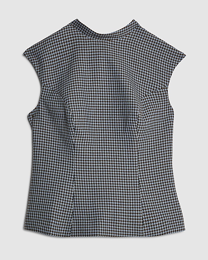 Blue Dogtooth Print Bow Back Top